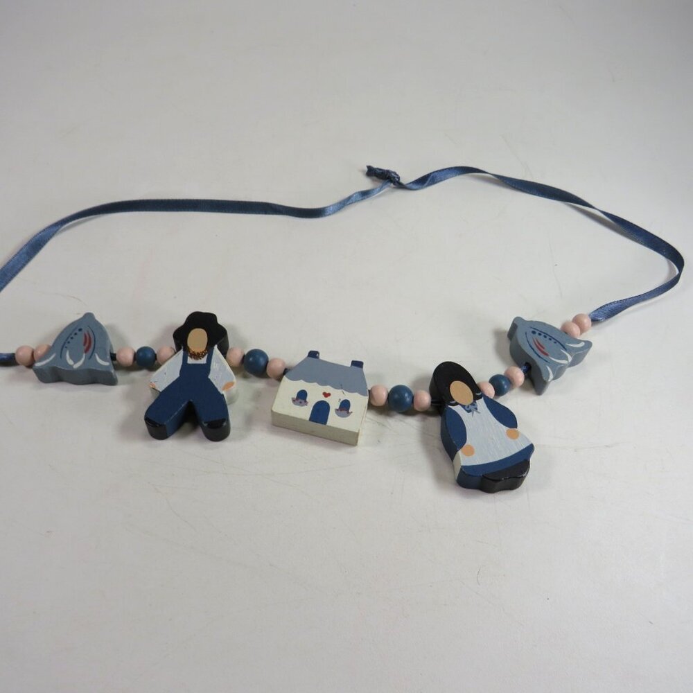 Blue ARTISAN Estate Necklace Painted Wood Folk Holland Peasants Cottage Tulips